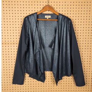 Beulah Style Black Open Front Draped Waterfall Jacket Faux Leather Medium‎